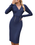 ZAFUL Women's Long Sleeve Wear to Work Midi Dress Lightweight V Neck Business Office Sheath Bodycon Pencil Office Dress Fall