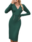 ZAFUL Women's Long Sleeve Wear to Work Midi Dress Lightweight V Neck Business Office Sheath Bodycon Pencil Office Dress Fall