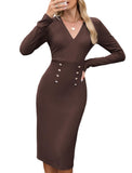 ZAFUL Women's Long Sleeve Wear to Work Midi Dress Lightweight V Neck Business Office Sheath Bodycon Pencil Office Dress Fall
