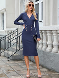 ZAFUL Women's Long Sleeve Wear to Work Midi Dress Lightweight V Neck Business Office Sheath Bodycon Pencil Office Dress Fall