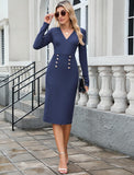 ZAFUL Women's Long Sleeve Wear to Work Midi Dress Lightweight V Neck Business Office Sheath Bodycon Pencil Office Dress Fall