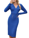 ZAFUL Women's Long Sleeve Wear to Work Midi Dress Lightweight V Neck Business Office Sheath Bodycon Pencil Office Dress Fall