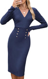 ZAFUL Women's Long Sleeve Wear to Work Midi Dress Lightweight V Neck Business Office Sheath Bodycon Pencil Office Dress Fall