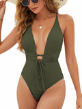 ZAFUL Women’s Ribbed One Piece Swimsuit Deep V Neck Bathing Suit Crisscross Back Self Tie Monokini