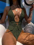 ZAFUL Women’s Ribbed One Piece Swimsuit Deep V Neck Bathing Suit Crisscross Back Self Tie Monokini
