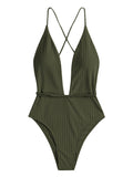 ZAFUL Women’s Ribbed One Piece Swimsuit Deep V Neck Bathing Suit Crisscross Back Self Tie Monokini