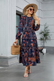 ZAFUL Women's Smocked Maxi Floral Dress Long Sleeve Boho Crew Neck Sun Dresses Casual High Waist Fall Flowy Dress(Navy,XL)