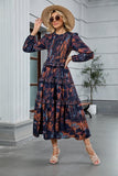 ZAFUL Women's Smocked Maxi Floral Dress Long Sleeve Boho Crew Neck Sun Dresses Casual High Waist Fall Flowy Dress(Navy,XL)