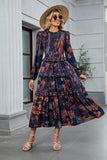 ZAFUL Women's Smocked Maxi Floral Dress Long Sleeve Boho Crew Neck Sun Dresses Casual High Waist Fall Flowy Dress(Navy,XL)