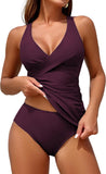 ZAFUL Womens Tankini Swimsuits Push Up Warp V Neck Swim Top Tummy Control Bottom Sexy Two Pieces Ruched Bathing Suit