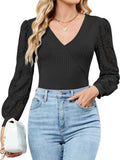 ZAFUL Womens Tops Cross Wrap Deep V Neck Long Sleeve Tops Fall Lace Sleeve Blouse Shirts 2025 Fashion Casual Top