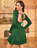 ZAFUL Women's V Neck Long Sleeve Corset Mini Dress Sexy Ruched Chest Backless Tie Ruffle Hem Outdoor Party Short Dresses