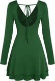 ZAFUL Women's V Neck Long Sleeve Corset Mini Dress Sexy Ruched Chest Backless Tie Ruffle Hem Outdoor Party Short Dresses