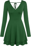 ZAFUL Women's V Neck Long Sleeve Corset Mini Dress Sexy Ruched Chest Backless Tie Ruffle Hem Outdoor Party Short Dresses