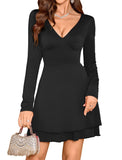 ZAFUL Women's V Neck Long Sleeve Corset Mini Dress Sexy Ruched Chest Backless Tie Ruffle Hem Outdoor Party Short Dresses
