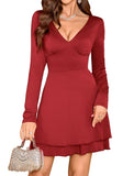 ZAFUL Women's V Neck Long Sleeve Corset Mini Dress Sexy Ruched Chest Backless Tie Ruffle Hem Outdoor Party Short Dresses