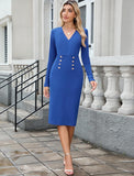 ZAFUL Women's Wear to Work Dresses Long Sleeve Strethcy Bodycon Work Dress V Neck High Waisted Office Formal Pencil Dresses(Royal Blue, L)